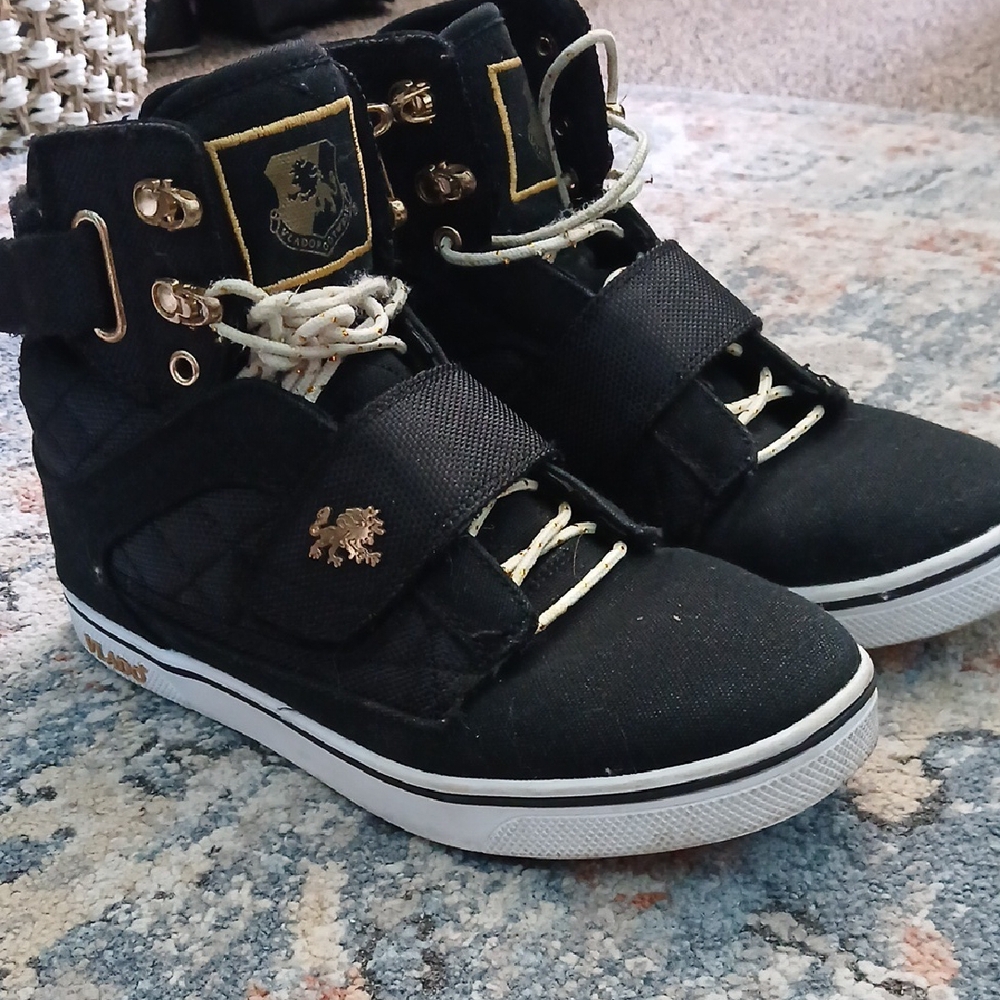 Black and Gold Lace Up Boots with Metal Hardware